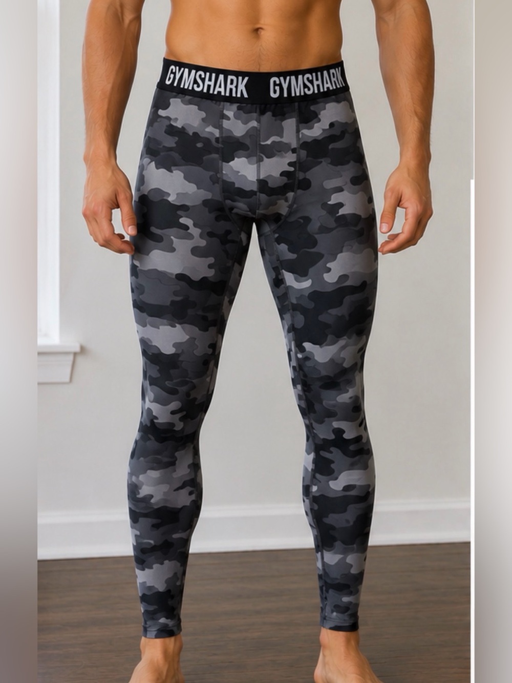 Gymshark Men's Black & Gray Camo Compression Tights Size Medium